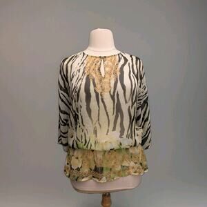 Chico's Zebra Print Peplum Hem Dolman Sleeve Sheer Blouse Size XL